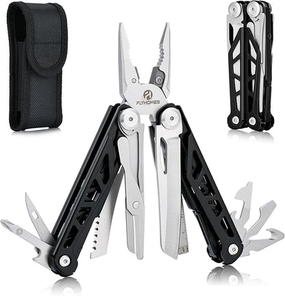 FLYHOMES Multitool 16-in-1 Multi tool Pliers with Springs Scissors Screwdriver and Saw… Gift for men Professional for Camping Survival Tools and Outdoor Adventures (Black)