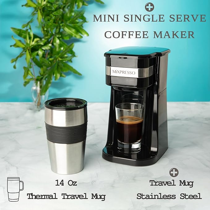 Mixpresso Personal Single Serve Coffee Maker & 14oz Travel Mug, Drip Small Coffee Maker & Tumbler, Auto Shut Off & Reusable Filter, Compatible with Coffee Grounds