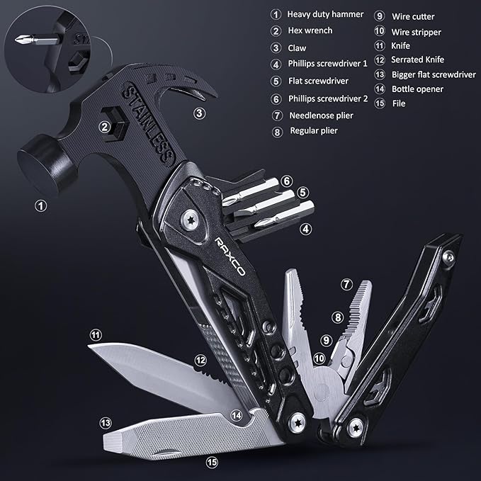 Multitool Hammer 15 in 1 Mini Hammer multitool with Pliers Claw Hammer Multi Tool with Screwdrivers, Multitool Pocket Clip, New Year & Birthday & Father Day Gift (Black)