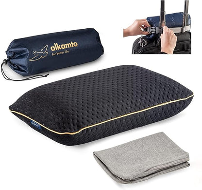 Travel & Camping Comfortable Memory Foam Pillow with Extra Cotton Cover – Easy to Carry Portable Bag