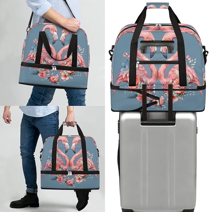 cfpolar Woman Travel Duffel Bag Heart Flamingo Flower Foldable Tote Carry On Luggage Sports Gym Bag With Shoe Compartment Overnight Weekend Yoga Workout Bag Training Handbag