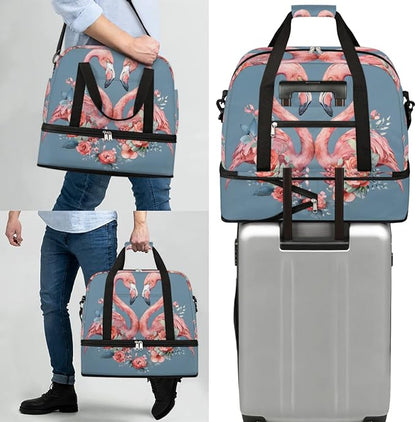 cfpolar Woman Travel Duffel Bag Heart Flamingo Flower Foldable Tote Carry On Luggage Sports Gym Bag With Shoe Compartment Overnight Weekend Yoga Workout Bag Training Handbag