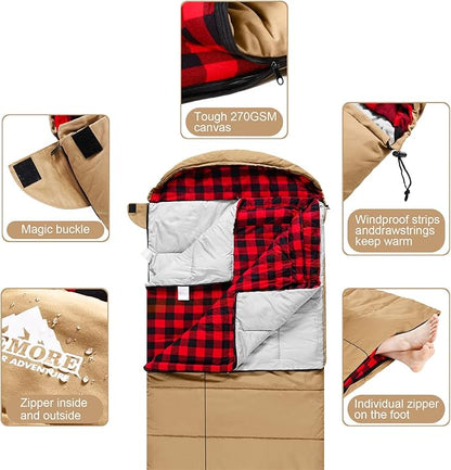 AGEMORE 0 Degree Canvas Sleeping Bag for Fishing, Hunting, Traveling and Camping Particularly in Cold Winter Outdoor with Removable Flannel Liner and Free Compression Sack for Big and Tall Adults