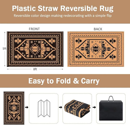 LILIOFFIC Outdoor Rugs for Patio Clearance - 5'x8' Waterproof Reversible Indoor Outdoor Rug Carpet, Portable Outdoor Plastic Straw Rug for RV Camping, Picnic, Beach, Porch, Deck, Black & Brown