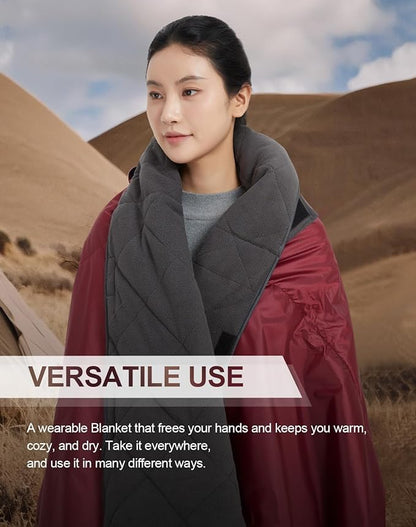 C-LIGHT Outdoor Hooded Blanket, Wearable Stadium Blankets Waterproof Windproof, Emergency Warm Blanket for Rain&Cold Weather - Perfect for Picnic, Camping, Outdoor Sports, Stadium,Beach (WineRed)