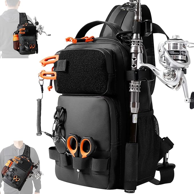 NEW VIEW Fishing Sling Bag, Waterproof Sling Pack with Rod Holder, Versatile Storage Fly Fishing Bags for Men, Small Shoulder Pack for Streams & Rivers