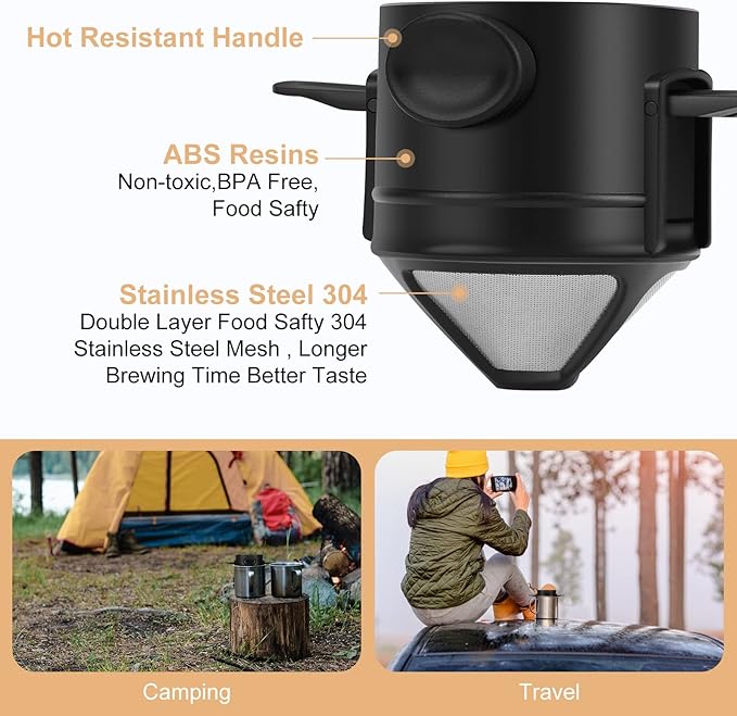 Pour Over Coffee Maker,Portable Stainless Steel Reusable Coffee Filter, Mini Collapsible Paperless Single Serve 1 Cup Coffee Dripper Cup Easy To Clean For Travel Camping