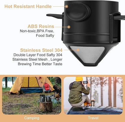 Pour Over Coffee Maker,Portable Stainless Steel Reusable Coffee Filter, Mini Collapsible Paperless Single Serve 1 Cup Coffee Dripper Cup Easy To Clean For Travel Camping
