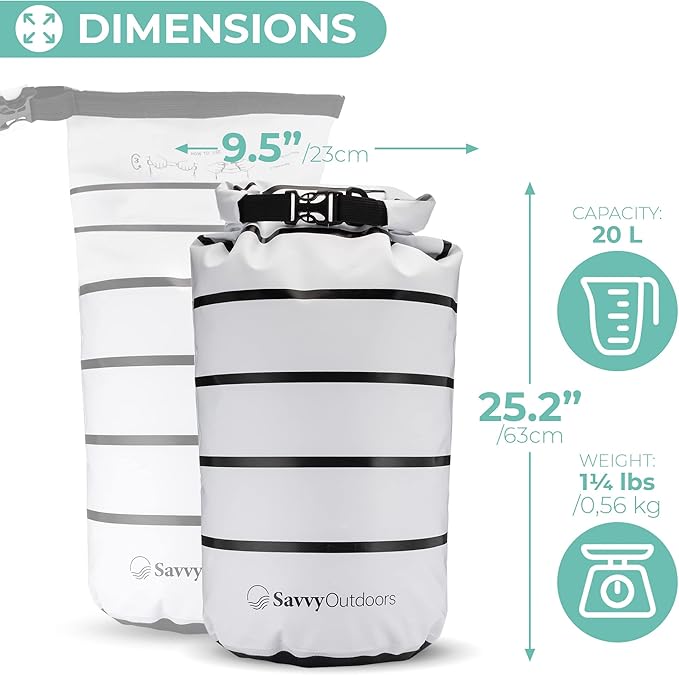 Savvy Outdoors Waterproof Dry Bag - Dry Bags for Food & Gear, Stuff Sacks for Backpacking and Camping Equipment, Waterproof Bag for Beach, Boating, Kayaking (20L, Stripe)