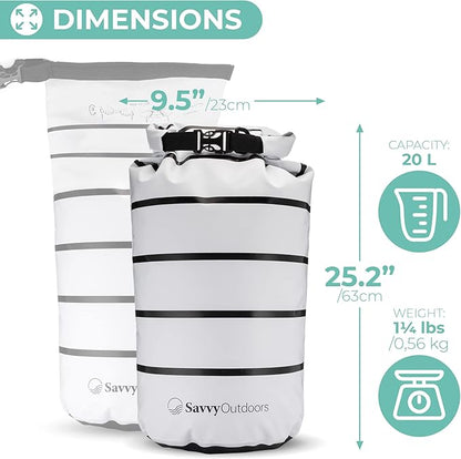 Savvy Outdoors Waterproof Dry Bag - Dry Bags for Food & Gear, Stuff Sacks for Backpacking and Camping Equipment, Waterproof Bag for Beach, Boating, Kayaking (20L, Stripe)