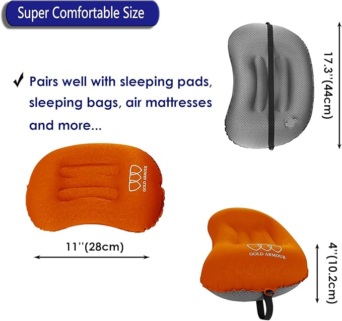 Gold Armour Inflatable Camping Pillow Backpacking Pillow Lightweight Travel Air Pillow Ultralight Ergonomic Pillow Portable for Airplanes with Neck & Lumbar Support (2 Pack) (Black & Orange)