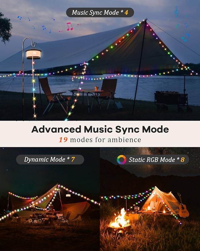 Camping String Lights Outdoor with Music Sync, Quick Storage LED String Lights with 7 RGB Color & 12 Mode Tent Lights, Portable Camping Lantern Waterproof Camping Light for Camping Essentials (Black)