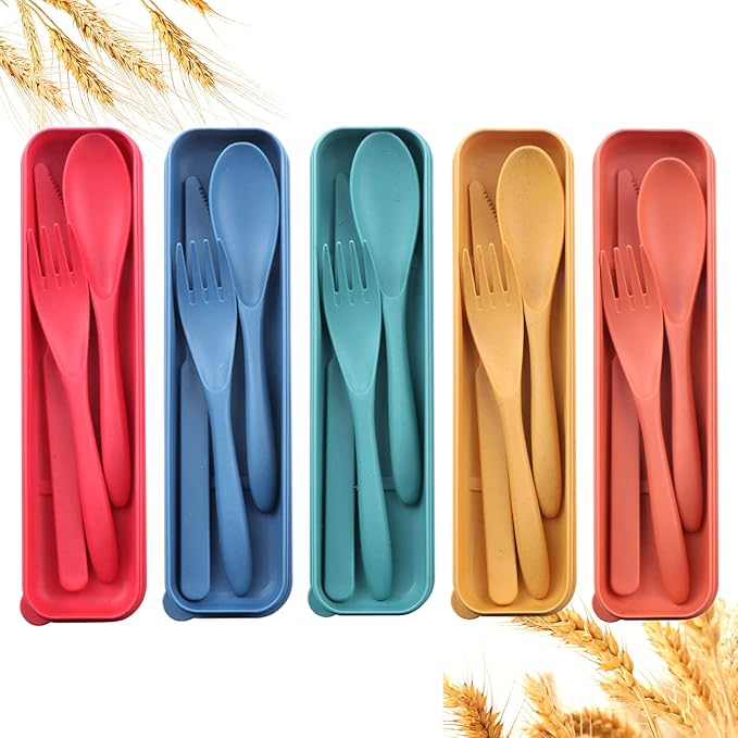 Reusable Travel Utensils Set with Case, 5 Sets Wheat Straw Portable Plastic Fork Spoons Knife Camping Cutlery, Eco-Friendly BPA Free Lunch Tableware Travel Picnic Utensils for Kids Adults Daily Use