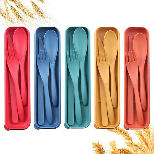 Reusable Travel Utensils Set with Case, 5 Sets Wheat Straw Portable Plastic Fork Spoons Knife Camping Cutlery, Eco-Friendly BPA Free Lunch Tableware Travel Picnic Utensils for Kids Adults Daily Use