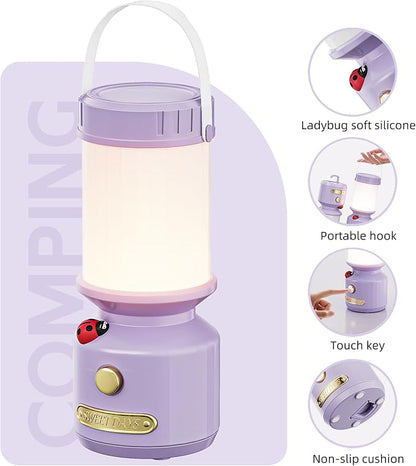HOMY Retro 7-Star Ladybug Camping Lamp for Kids - USB Rechargeable Kids Lantern, 3-Color Dimmable LED, Tent Hook & Handle, Safe Night Light for Outdoor/Kids Camping Essentials