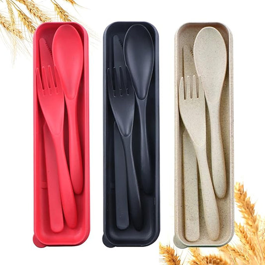Reusable Travel Utensils Set with Case, 3 Sets Wheat Straw Portable Knife Fork Spoons Tableware, Eco-Friendly BPA Free Plastic Cutlery Travel Picnic Camping Utensils for Kids Adults Daily Use