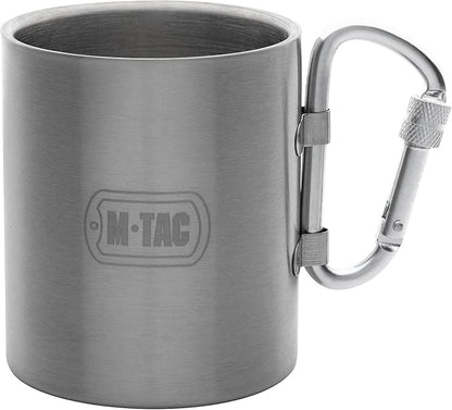M-Tac 9.5oz Insulated Thermal Cup Mug - Double Wall Stainless Steel Thermo Tumbler with Collapsible Carabiner Handle - No Lid