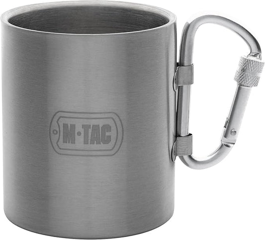 M-Tac 9.5oz Insulated Thermal Cup Mug - Double Wall Stainless Steel Thermo Tumbler with Collapsible Carabiner Handle - No Lid