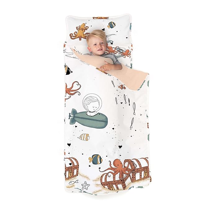 JumpOff Jo - Extra Long Toddler Nap Mat for Preschool, Daycare and Kindergarten - Sleeping Bag for Kids with Removable Pillow and Ultra Soft Blanket - Octopus Treasure