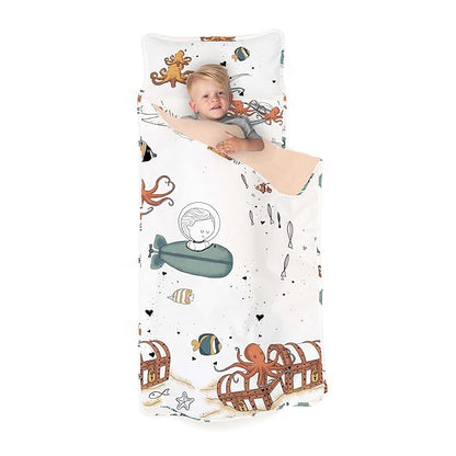 JumpOff Jo - Extra Long Toddler Nap Mat for Preschool, Daycare and Kindergarten - Sleeping Bag for Kids with Removable Pillow and Ultra Soft Blanket - Octopus Treasure