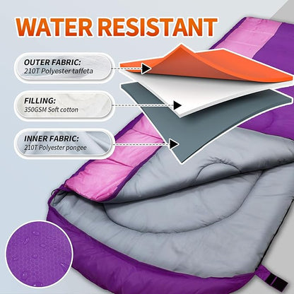 XL 10 Degree Sleeping Bags Waterproof for Adults 350GSM Machine Washable with Compression Sack for 3-4 Season Camping Outdoor