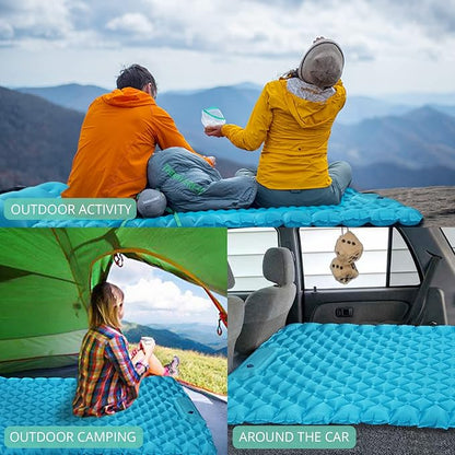VINTEAM Double Sleeping Pad with Pillow Hand or Foot Self Inflating Camping Mat Durable 40D Nylon Camping Air Mattress Ultralight 2 Person Camping Sleeping Pad or Tent Hiking Camp Travel (Blue)