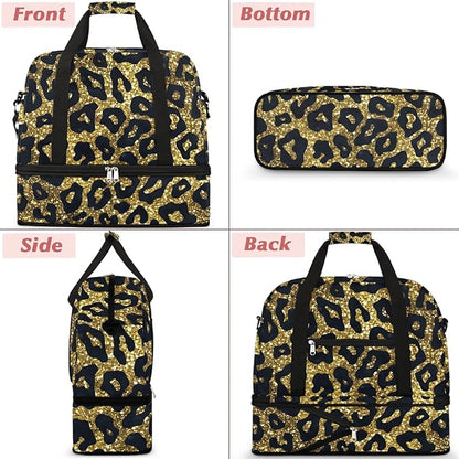 cfpolar Woman Travel Duffel Bag Gold Sequin Leopard Print Foldable Tote Carry On Luggage Sports Gym Bag With Shoe Compartment Overnight Weekend Yoga Workout Bag Training Handbag