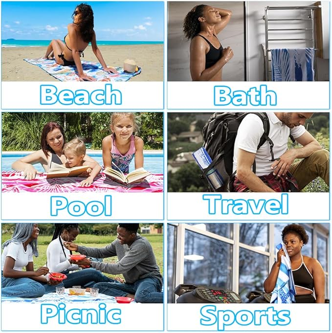 4 Pack Microfiber Thin Lightweight Beach Towel Sand Free Quick Dry Absorbent Compact Towels for Swimming Pool Camping Beach Accessories Large Easy Pack Travel Things for Vacation Essentials Adult Gift