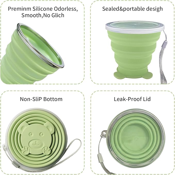 2 Pcs Collapsible Cup, Silicone Collapsible Travel Cup, Expandable Folding Camping Drinking Cup with Lids Reusable Small Portable Mugs Cup for Travel, Camping, Hiking,Outdoor Sports (Orange&Green)