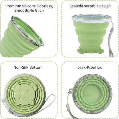 2 Pcs Collapsible Cup, Silicone Collapsible Travel Cup, Expandable Folding Camping Drinking Cup with Lids Reusable Small Portable Mugs Cup for Travel, Camping, Hiking,Outdoor Sports (Orange&Green)
