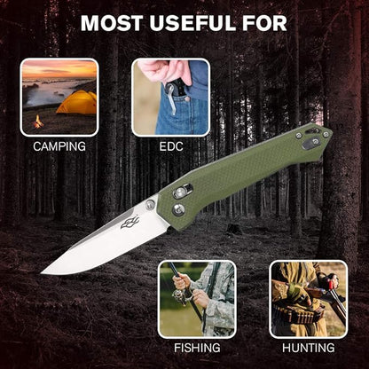 Firebird Ganzo FB7651-GR Pocket Folding Knife 440C Stainless Steel Blade G10 Anti-Slip Handle with Clip Hunting Fishing Camping Folder Outdoor EDC Knife (Green)