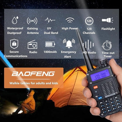 BAOFENG UV-5RT Walkie Talkies Dual-Band Display, Dual-Standby, 5W Output Power, 128 Channels, FM Radio, LED Flashlight, Large LCD Display UV-5RT Portable Two Way Radio with AR-771 Antenna