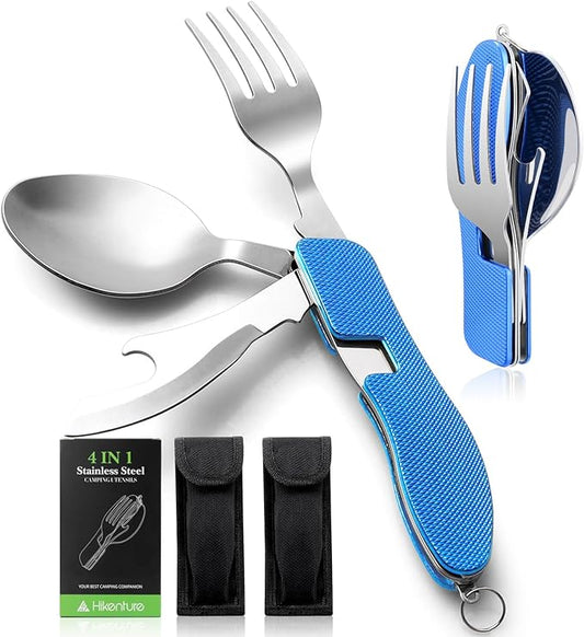 HIKENTURE Camping Utensils 2 Pack,4-in-1 Stainless Steel Spoon, Fork, Knife, and Bottle Opener Combo - Lightweight and Portable Travel Eating Silverware for Hiking, Backpacking, Boy Scout(Blue 2pack)