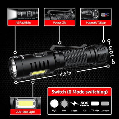 Flashlight, Rechargeable Handheld Flashlight with Removable Headband,Tactical Flashlight with Cob workLight,700 lumens,6 Modes,Waterproof for Camping,Emergency(Battery Included) Gift