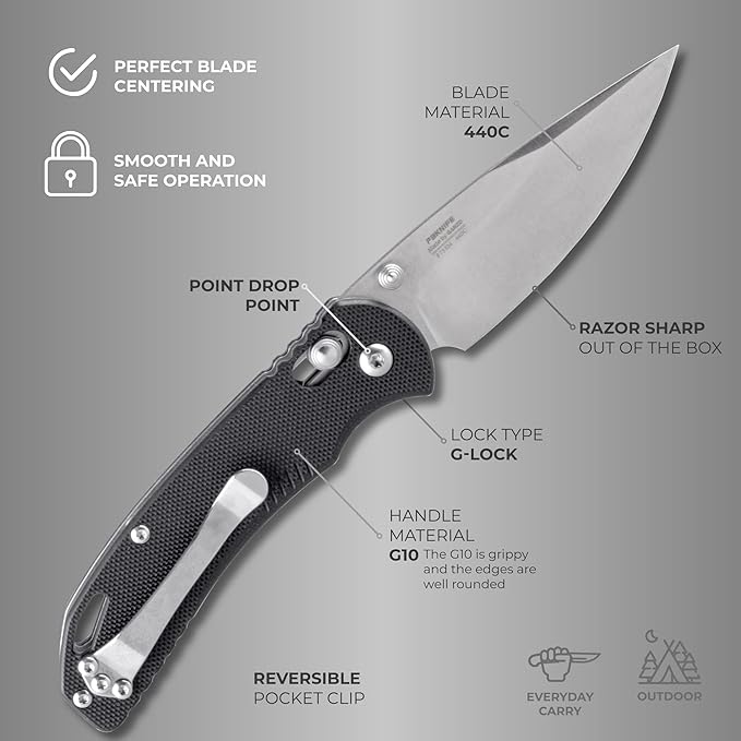 Firebird GANZO F753M1 Pocket Folding Knife G-10 Anti-Slip Handle with Clip 440C Stainless Steel Blade Camping Fishing Outdoor Folder EDC Knife (Black)