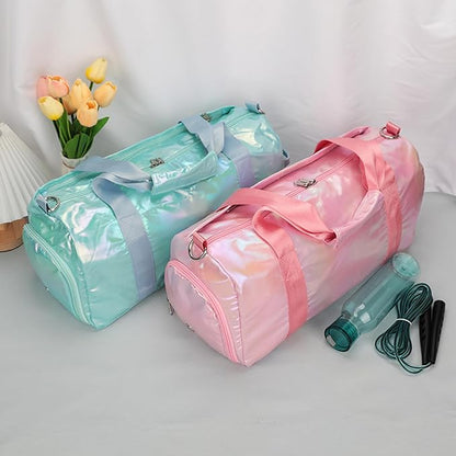 Gym Bag Sports Duffle Bag with Wet Pocket Weekender Overnight Bag with Waterproof Shoe Pouch and Air Hole for Girls Kids Women Travel Foldable Bag (Green)