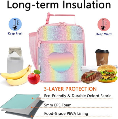 Lunch Box for Kids Boys Girls Men Women, Insulated Small Soft Cooler Lunch Bag Kit for School Work Picnic Travel - Reusable Portable lunchbox,Rainbow Heart