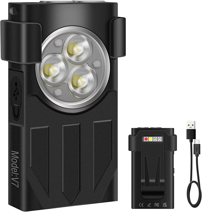 V7 Mini Powerful EDC Flashlight High Lumens 1100LM LED Rechargeable Flashlight with Magnetic and Cilp,Small Pocket Flash Light with Red Blue UV Light for Camping,Underbody Repair(Black)