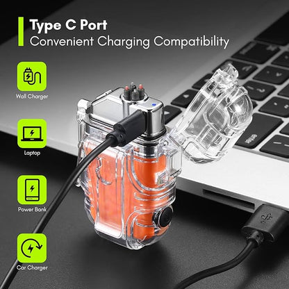 Extremus Blaze 360 Rechargeable Electric Lighters, Dual Arc Lighter, Windproof Plasma Lighter, Waterproof Lighter, Flameless Lighter with Whistle Lanyard for Camping (Orange Flash)