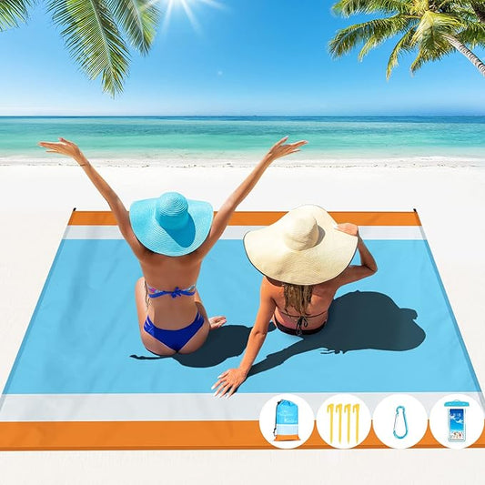 Beach Blanket Oversized Extra Large78 X 81",Waterproof Sandproof Beach Blanket 1-7 Adults Lightweight Durable for Travel Camping Hiking Picnic (78" X 81", Orange&Blue)