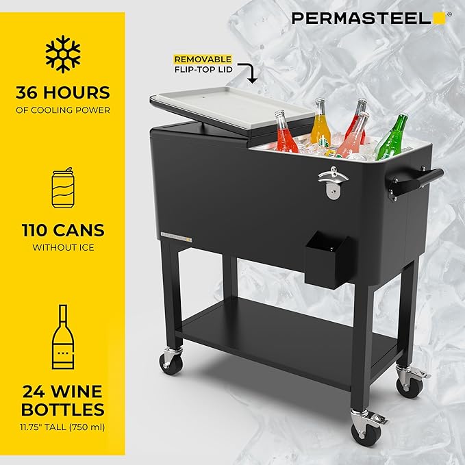 Permasteel 80-Qt Large Outdoor Patio Cooler with Wheels & Handles, Portable Rolling Ice Cooler Cart with Detachable Basin, Stand & Bottom Storage Shelf for Outdoor Entertaining, Black