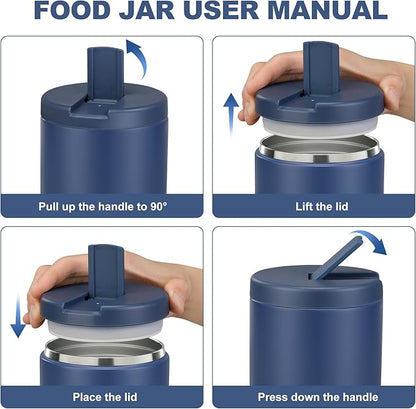Soup Thermo for Hot Food Insulated Vacuum Food Jar with Buckle Lid, Stainless Steel Wide Mouth Leak Proof Lunch Container for School Travel Blue