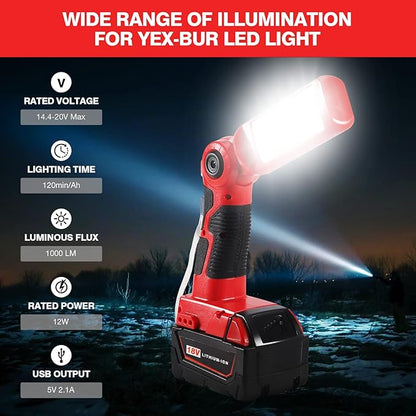 YEX-BUR LED Work Light Torch for Milwaukee m18 18v Battery 12W 1000LM Flashlight with USB-A Charging Port Portable Outdoor Indoor Lights for Workshop,Garage,Camping,Emergencies