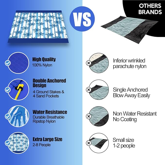 Beach Blanket Waterproof Sandproof Beach Mat Oversized 79" X 83" with 4 Stakes for 2-8 Adults, Soft and Durable, Sand Free, Light Weight, Perfect for Beach Travel Camping Outdoor Hiking