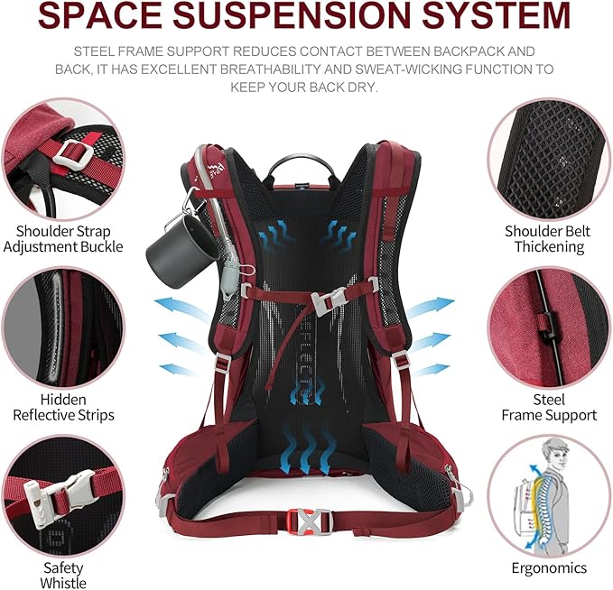 Hiking Backpack,35L Waterproof Hiking Daypack with 3L Water Bladder and Rain Cover, Lightweight Travel Camping Backpack for Men Women (Red)
