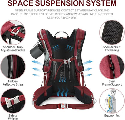 Hiking Backpack,35L Waterproof Hiking Daypack with 3L Water Bladder and Rain Cover, Lightweight Travel Camping Backpack for Men Women (Red)
