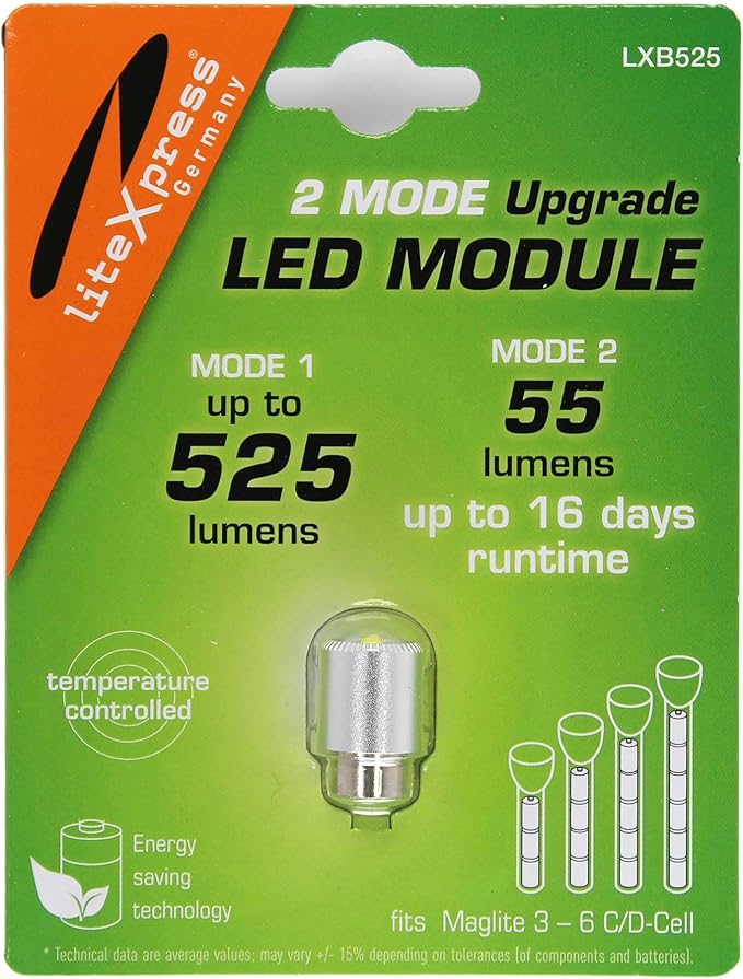 LiteXpress LXB525 2 Mode LED Upgrade Module 525 or 55 Lumen for 3-6 C/D Cell Maglite Torches