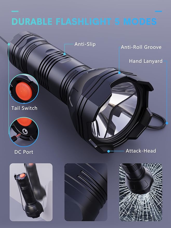 Rechargeable Flashlights High Lumens IP68 Waterproof, Small Flashlights Powerful with Batteries 3500mAh - Flash Light 5 Modes 100M Beam Super Bright for Outdoor/Home/Camping/Hiking/Emergency