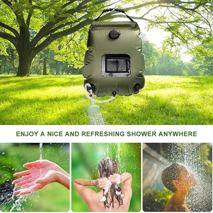 Solar Portable Shower Bag, 5 Gal/20L Compact Outdoor Heating Camping Shower Bag with On-Off Switchable Shower Head&Removable Hose Suitable for Camping, Hiking, Travel, Beach Swimming