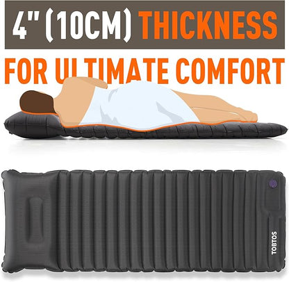 TOBTOS Inflatable Sleeping Pad for Camping with Pillow, 4" Thick Camping Mat with Built-in Foot Pump, Compact Air Mattress for Camping, Hiking, Backpacking (Grey)